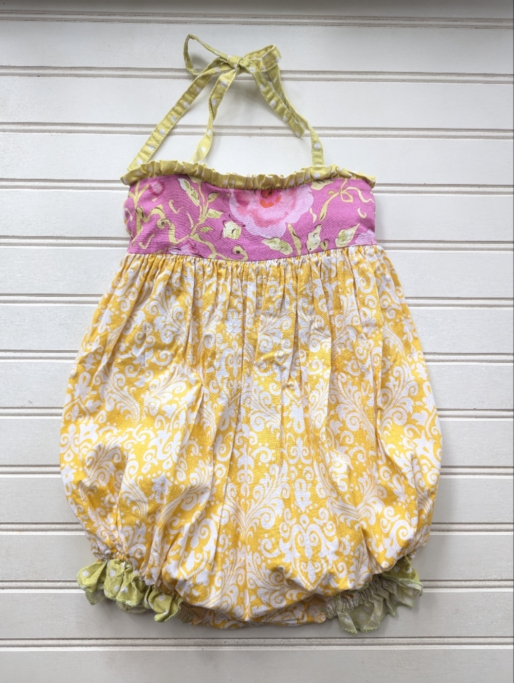 SweetHoney Yellow and Pink Floral Bubble Romper- Halter Top With Smocked Back